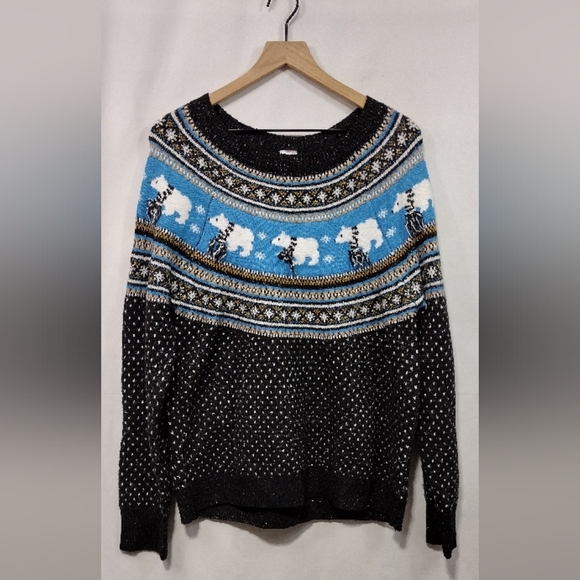 Holiday Time Sweaters - Holiday Time Polar Bear Sweater Womens L Black Blue Boho Retro Holiday Casual